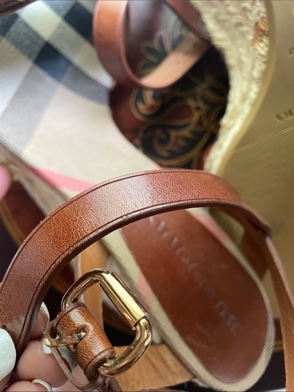 Burberry Brown Leather & Beige Check Espadrille Wedge Sandals - Picture 11 of 16